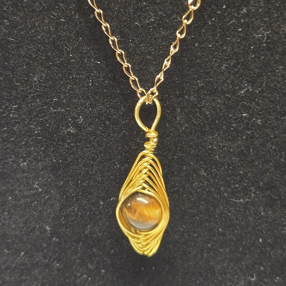 Hand Crafted Gold Chain and Natural Tiger Eye Necklace
